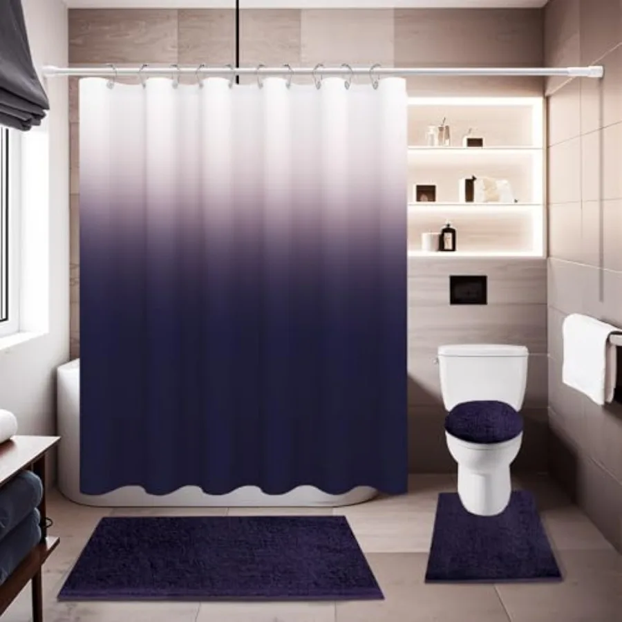 

4 Pcs Shower Curtain Sets with Rugs Solid Bathroom Sets with Shower Curtain and Rugs and Adjustable Toilet Lid Cover for Luxury
