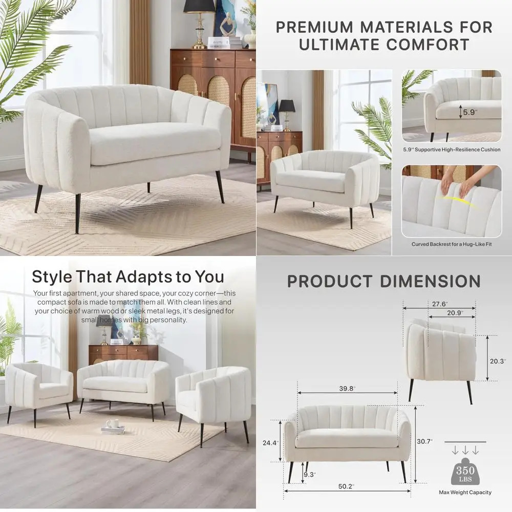 أريكة شيربا بوكل الحديثة ذات المقعدين مع أرجل معدنية، أريكة منجدة مريحة لهجة غرفة المعيشة الصغيرة #1