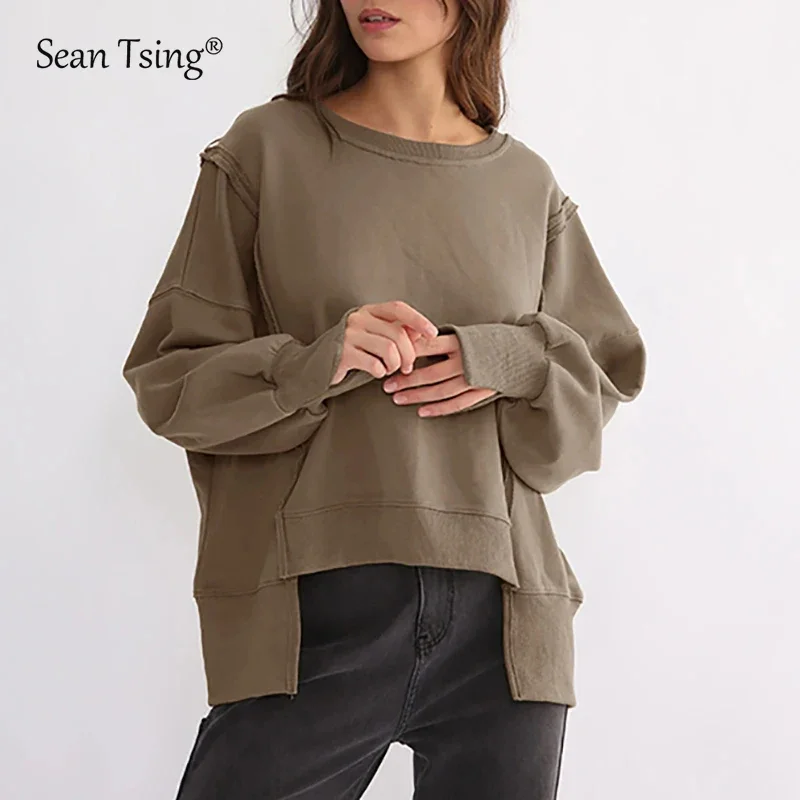 Sean Tsing® Oversized Sweatshirts 100% Cotton Women Long Sleeve Patchwork Loose Hoodies Streetwear Autumn Winter Casual Pullover