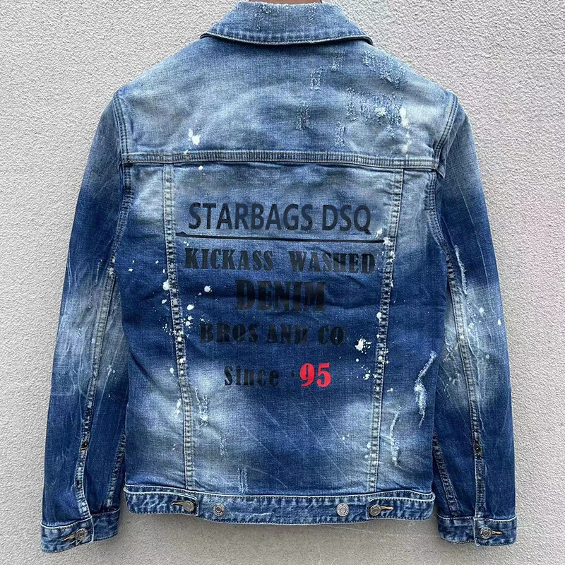Men\'s denim jacket starbags dsq1902 punk hole torn paint, splashed ink, heavily washed patch, slim fit jeans coat rock jacket