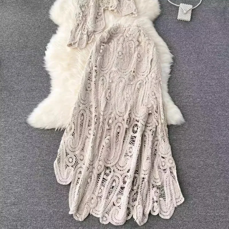 Chic Retro Hollow Mesh Hook Flower Tank+Elastic Waist Midi SKirt 2-piece Set Summer Women's Sets New Skinny High Waist Skirt Set