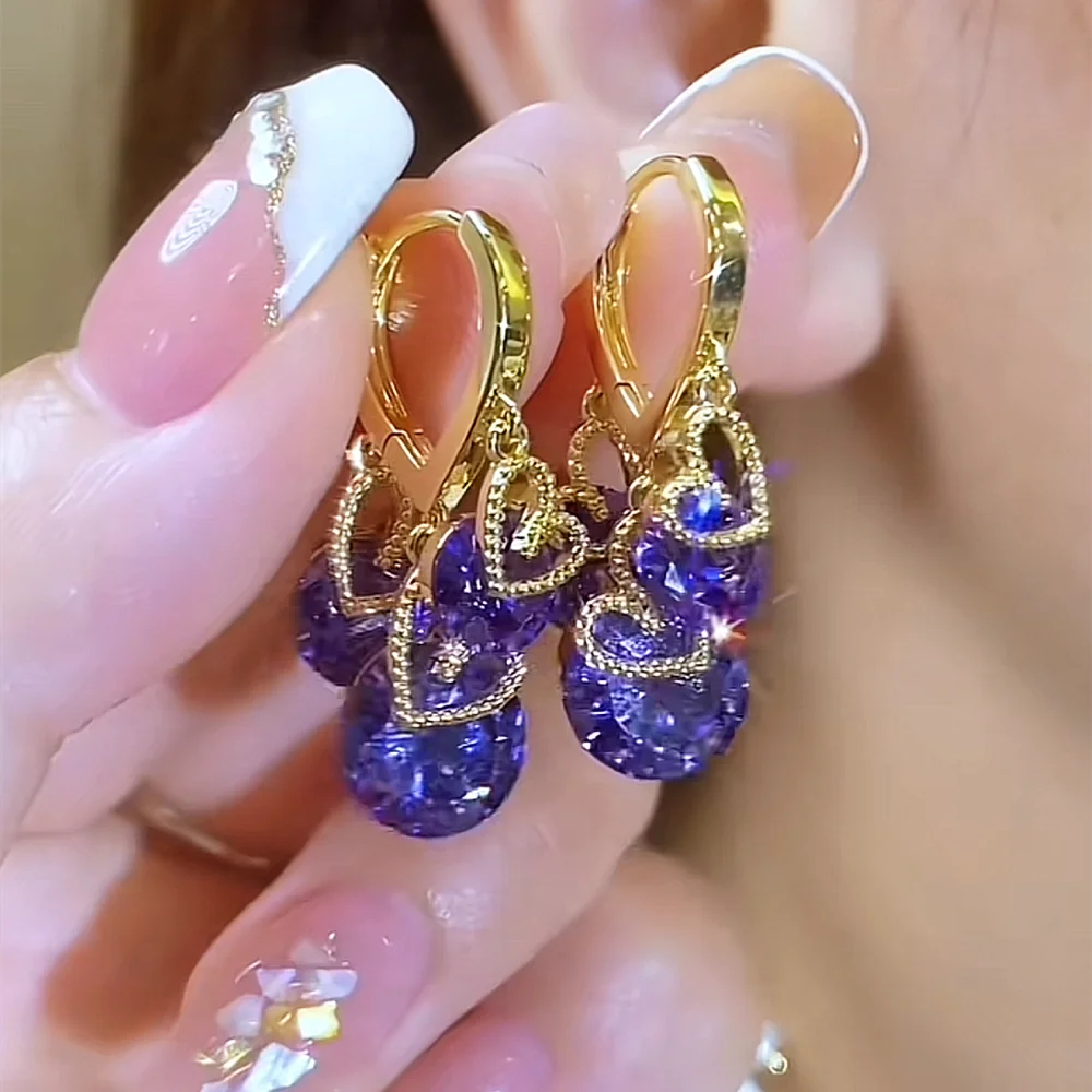 Luxury Purple Zirconia Heart Shape Drop Earrings for Women Gold Color Elegant Crystal Dangle Earrings Female Wedding Jewelry