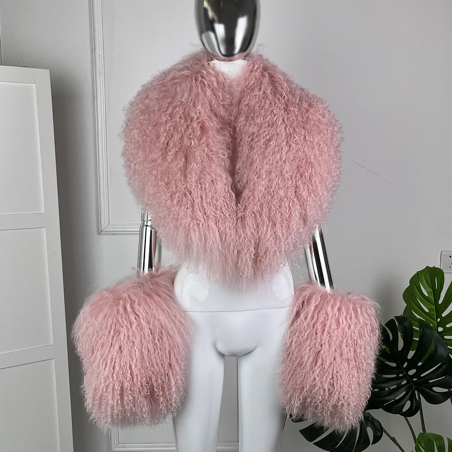 Detachable White Mongolian Lamb Fur Scarf Collar Real Fur Collar Women Winter Accessories Luxury Sheepskin Fur Collar
