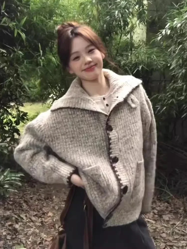 

Корейский винтажный вязаный кардиган, женский свободный уличный свитер на пуговицах с ленивым ветром, ретро Harajuku, повседневные осенне-зимние топы с длинными рукавами