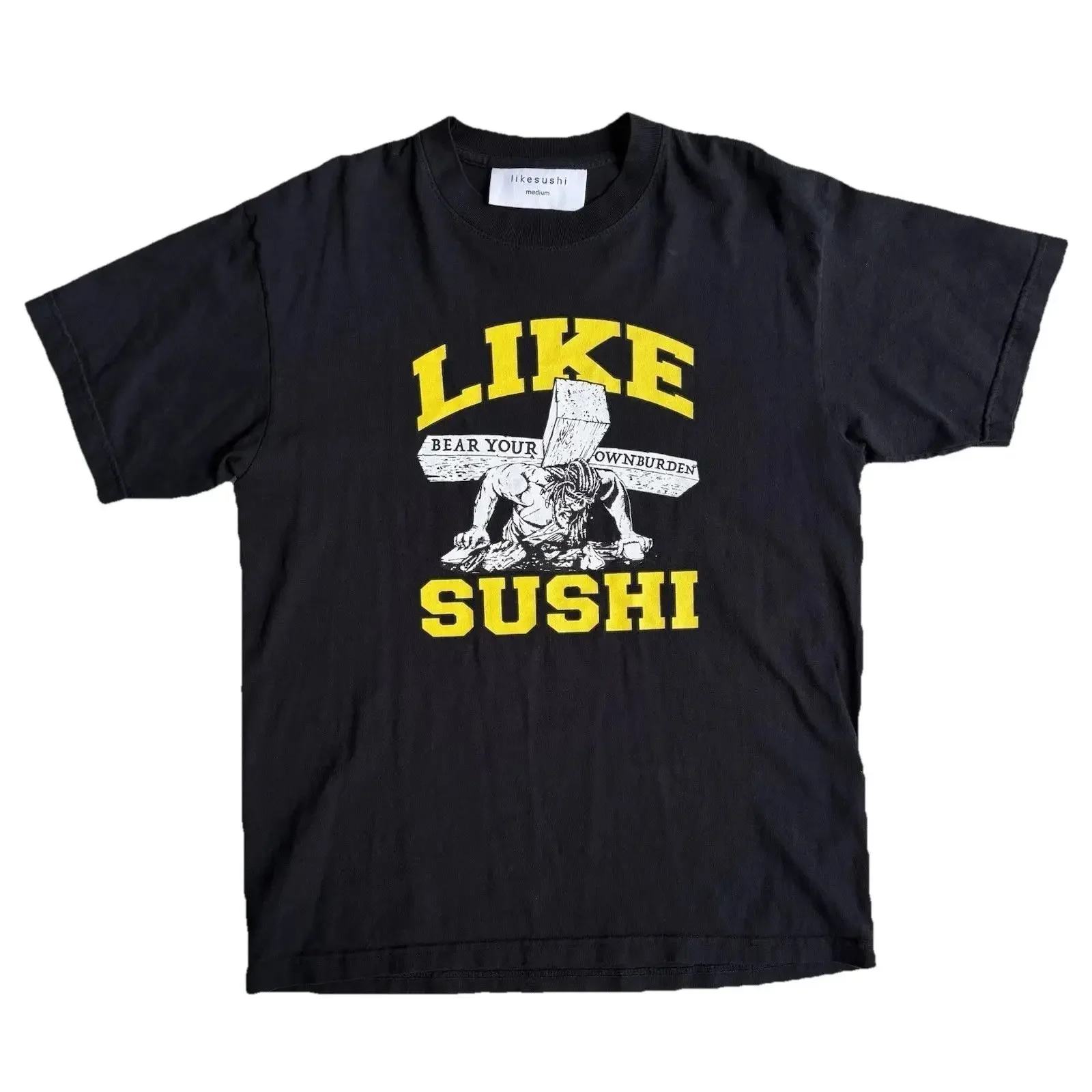 Like Sushi Jesus Bear Your Own Burden Crucifixion T Shirt Gym Lord Men s M Image 1 of 4 vintage Washed Comfortable Unisex