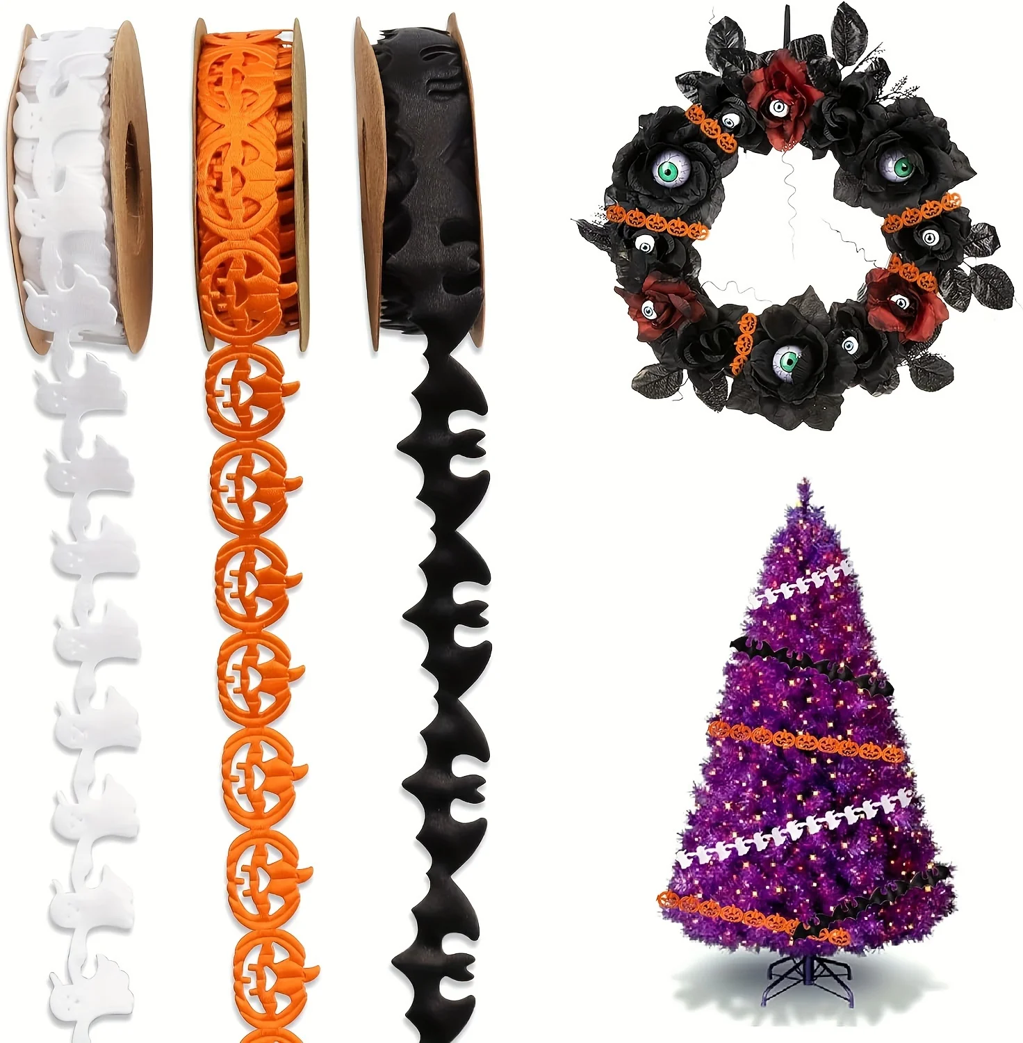 10-Yards Halloween-Spitzenband-Set, Kürbis-Fledermaus-Geistermuster | Bastelbesatz für Geschenkverpackungen und Gurtband für Partydekorationen – Detail 4