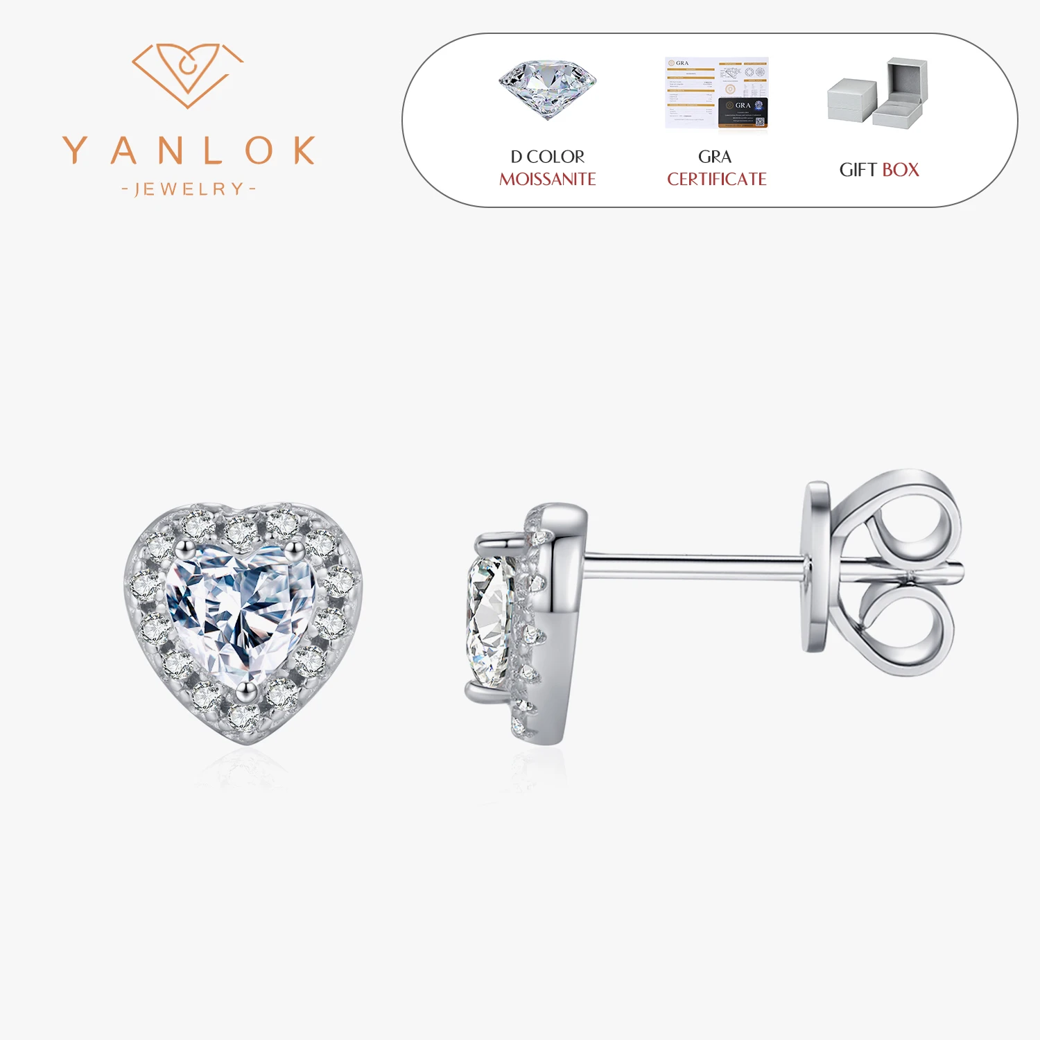 

YANLOK 925 Sterling Silver 0.6CT D Color Moissanite Hearts Tiny Stud Earrings For Women Romantic Wedding Engagement Fine Jewelry