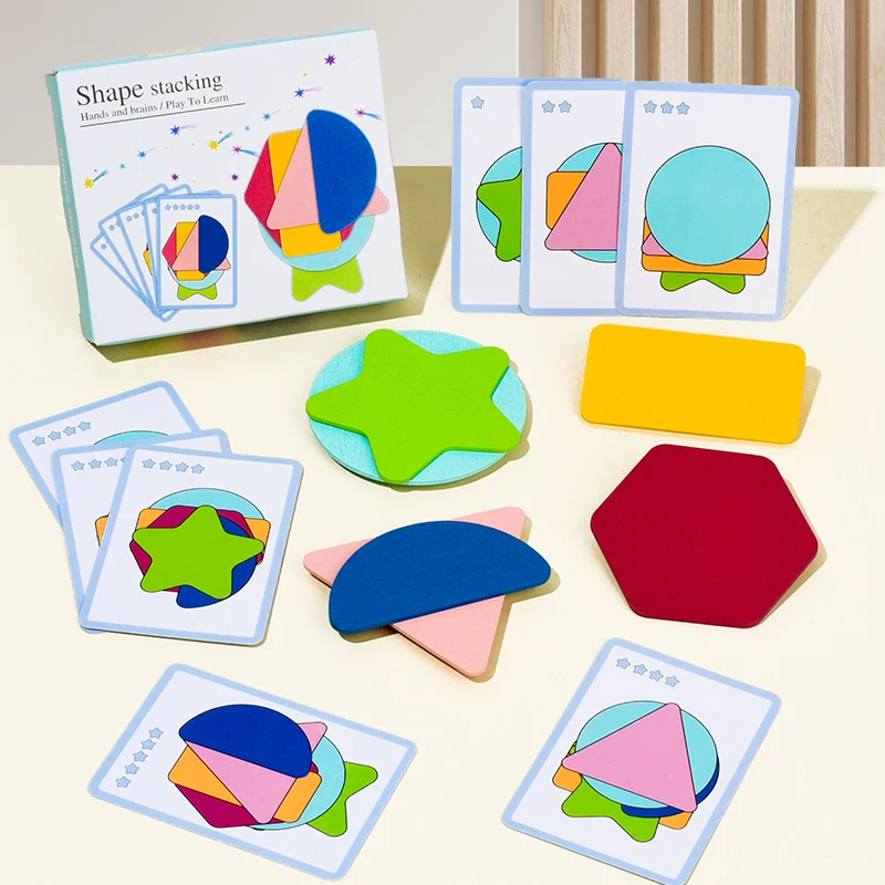 Wooden Geometric Shapes Stacked Color Recognition Games Fun Shape Stacking Puzzles Logical Thinking Training Educational Toys