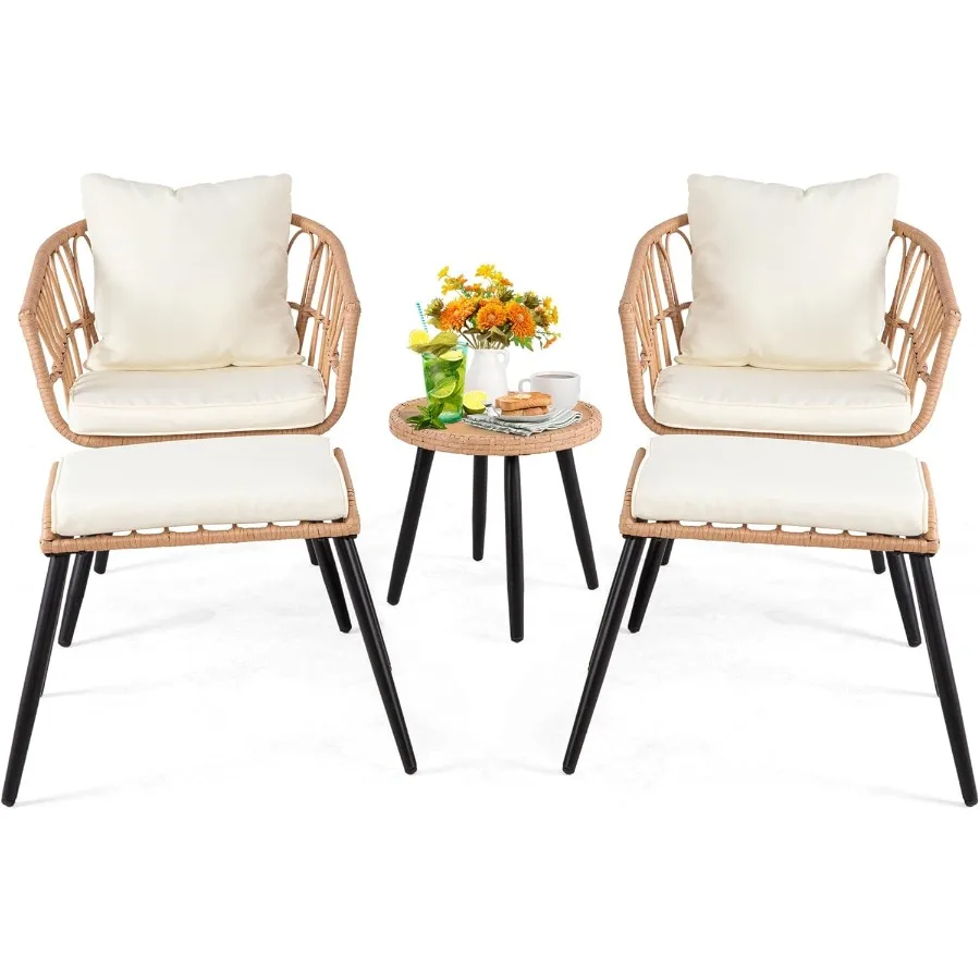 5 Piece Patio Furniture Set Outdoor Wicker Small Conversation Bistro Set All-Weather PE Rattan Chairs with Ottoman and Coffee T