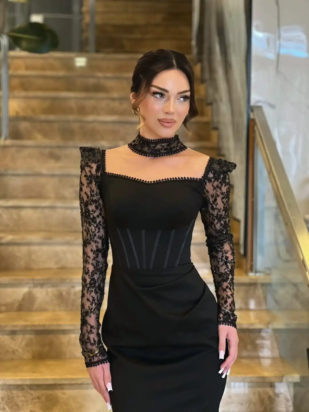 

Ofherown Black Lace Sequins Evening Dresses Square Collar Pleat Prom Gowns Special Occasion فساتين سهرة Customized