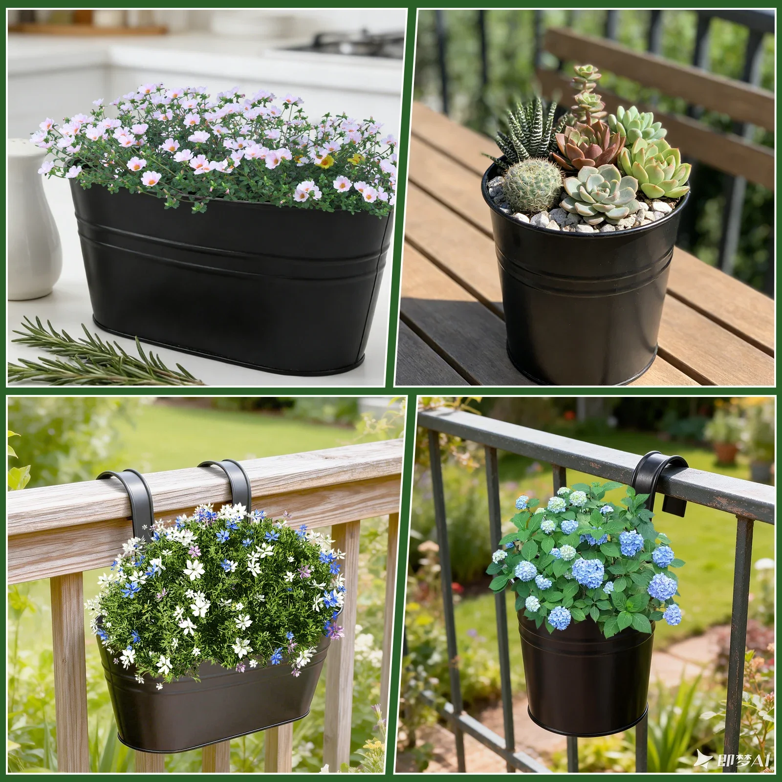 6Pcs Hanging Flower Pot Metal Iron Outdoor Railing Planter with Hook and Drainage Hole Fence Hanging Bucket Pot Garden Accessory