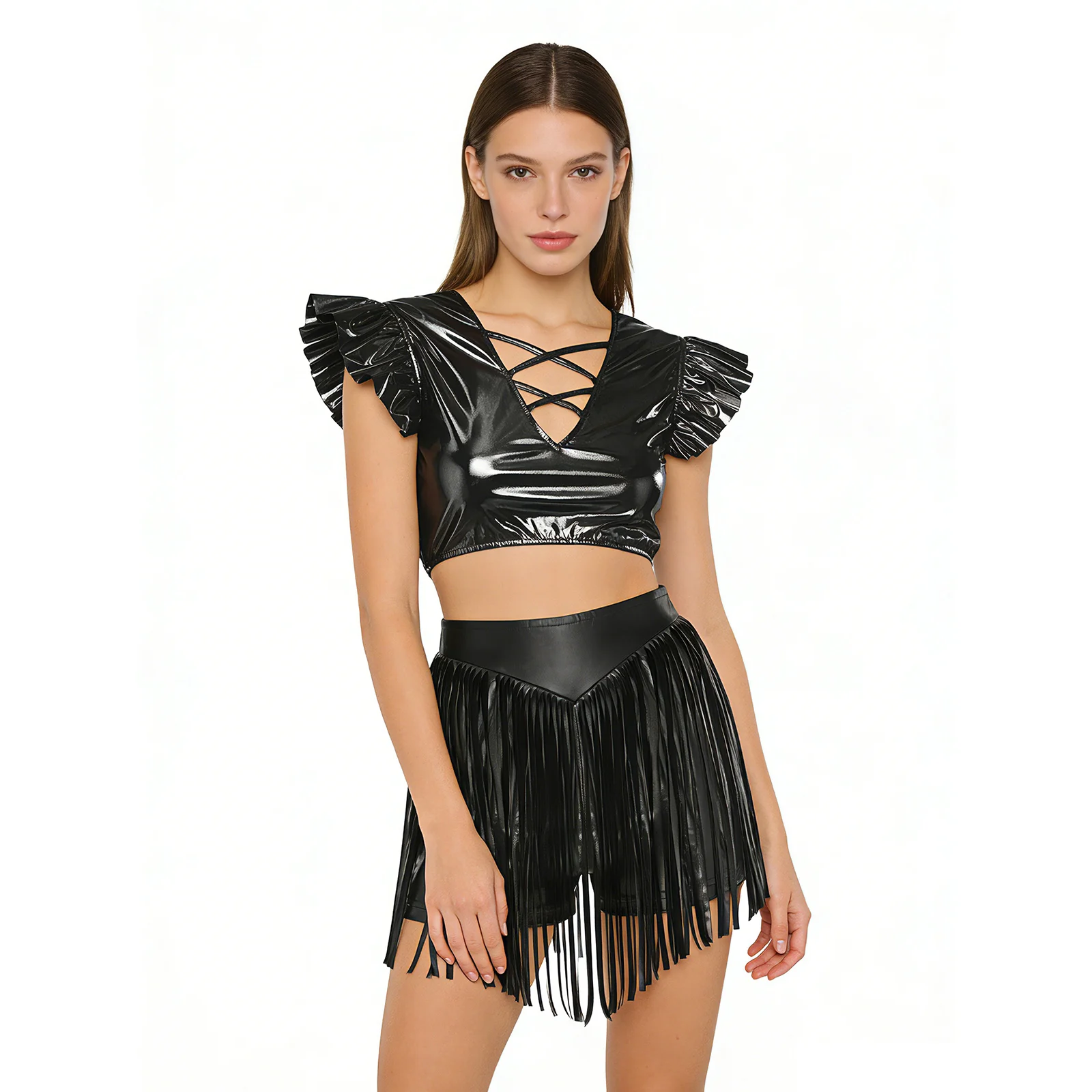 

Women Metallic Jazz Latin Cha-cha Tap Dance Outfit Raves Party Fly Sleeve Crop Top And Tassel Shorts Set for Rock Nightclub