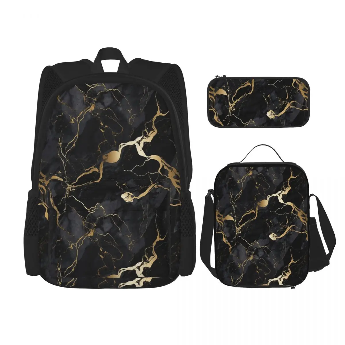 

Classic Black And Gold Marble Backpacks Boys Girls Bookbag Students School Bags Kids Rucksack Lunch Bag Pen Bag Three-Piece Set