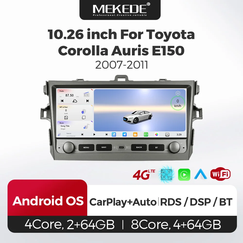 MEKEDE EU store Autoradio CarPlay Android Auto 10,26 pouces pour Toyota Corolla E140/150 2007-2011 Navigation GPS Android Lecteur multimédia Écran tactile Autoradio Lecteur vidéo Unité principale Stéréo Systèmes intelligents WiFi DSP RDS BT SWC