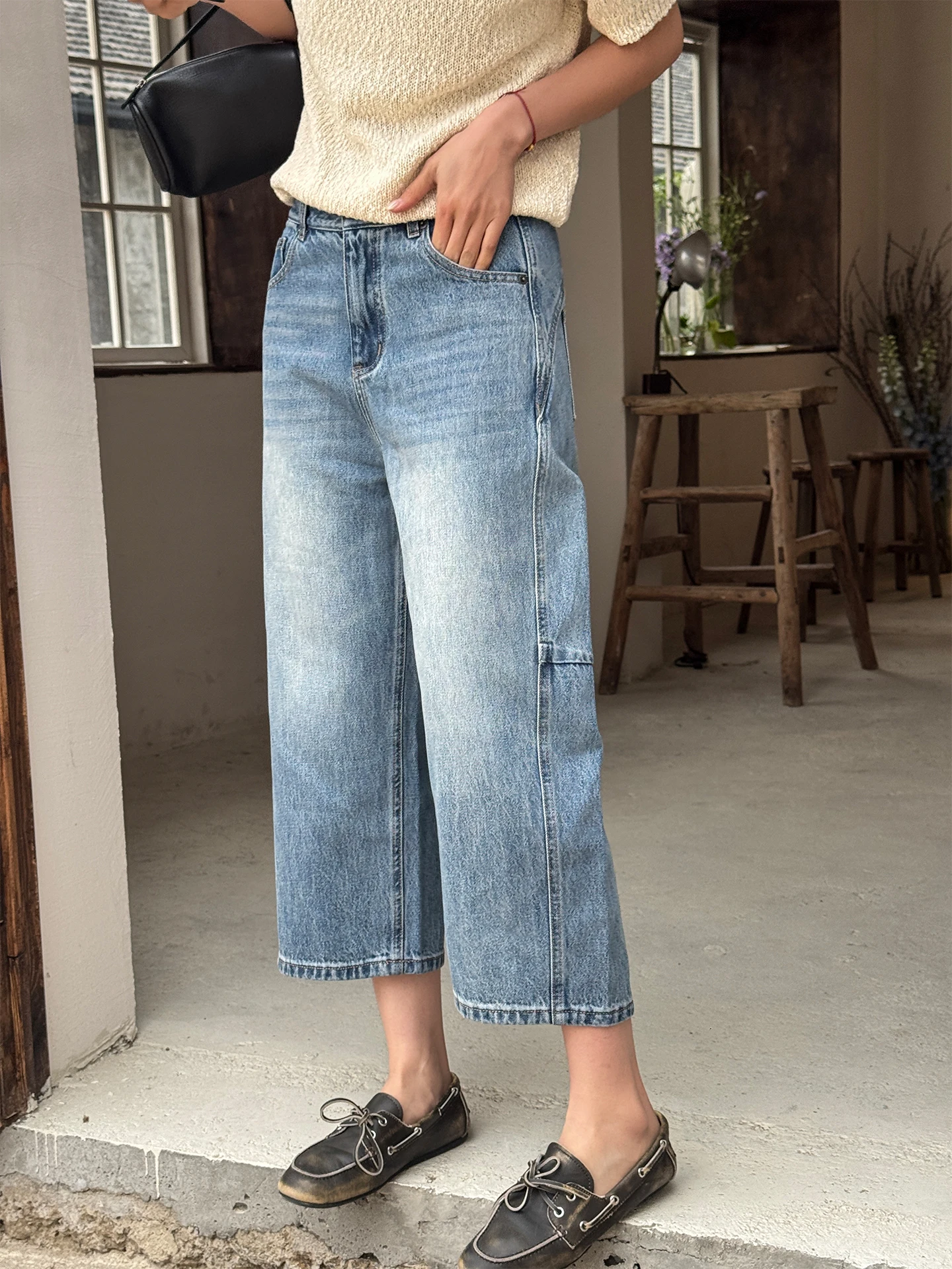 

Washed Blue Cotton Straight Leg Jeans Women's Wide Leg Pants Spring Summer New Arrival Pure Cotton Casual Trousers