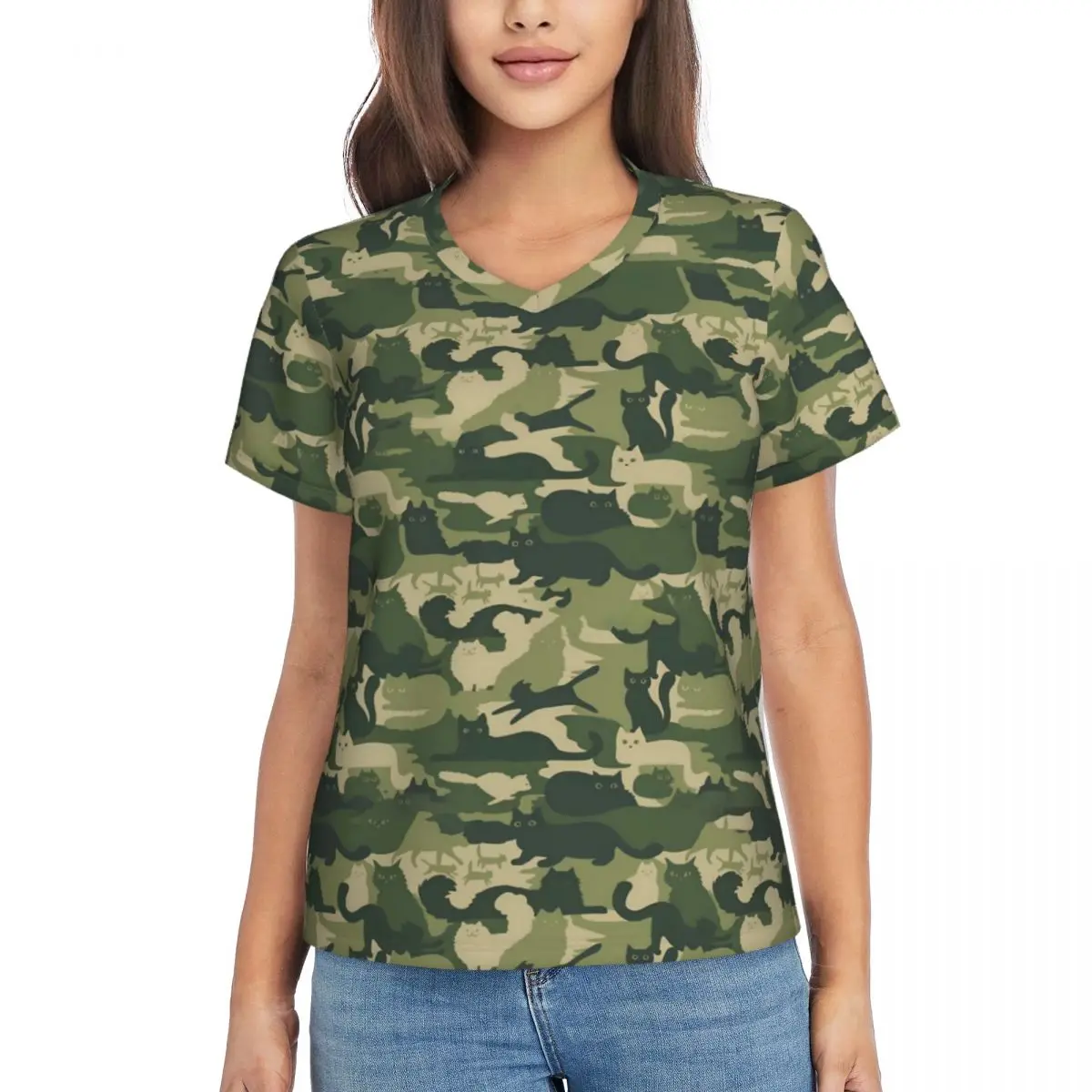 Army Green Camo T Shirts Camouflage Cats Casual V Neck T Shirt Short Sleeves Hip Hop Oversized Tees Beach Printed Clothing Gift