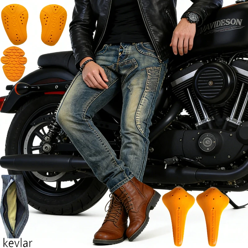 Kevlar Motorcycle Jeans Men Aramid Fiber Reinforced Anti Crash Protective Riding Pants Retro Safety Gear for Urban Commute 036