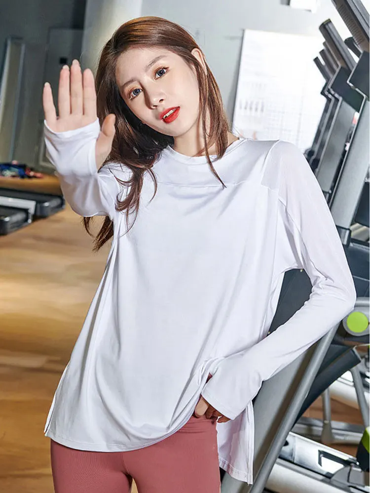 Splicing Yoga Loose Long Sleeve Top Side Slits Sports Shirts Women Quick Dry Fitness Blouses Gym Workout Pulovers Athletic Wear