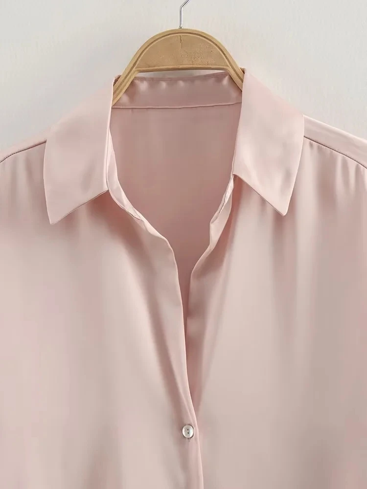 TRAF 2023 Woman Pink Shirt Satin Long Sleeve Blouse Women Collared Button Up Summer Shirt Casual Elegant And Youth Woman Blouses