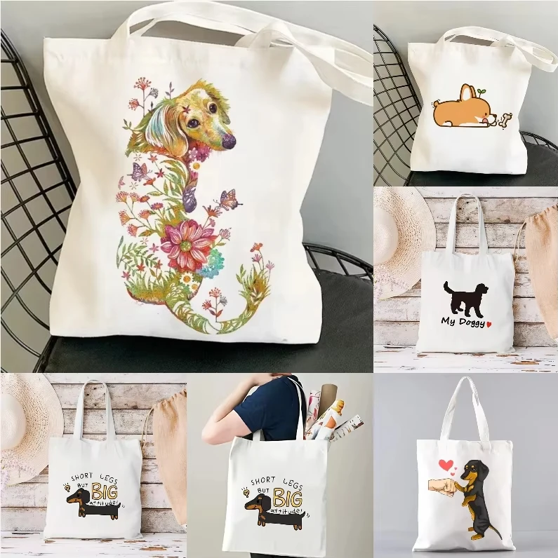 

Sausage Dog Golden Retriever Women's Dog Walking Canvas Bag Lightweight Foldable Large Capacity Tote Bag