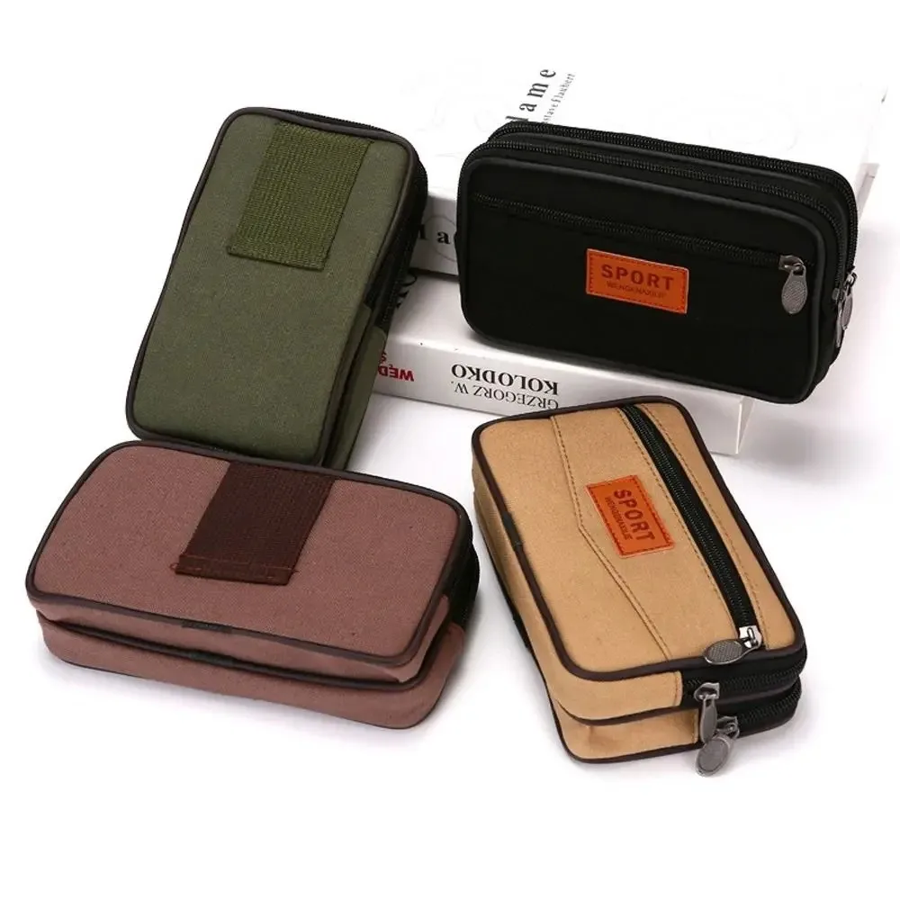 Pocket Double Layer Men Phone Pouch Horizontal Vertical Style Canvas Belt Pouch Belt Attachment Men Waist Pack For Men