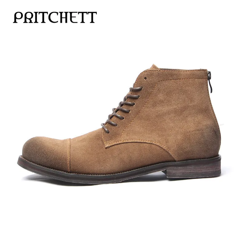 Botas de trabalho de camurça masculina, couro genuíno, afligido, top alto, zíper, botas de deserto, personalizadas, retrô, fashion