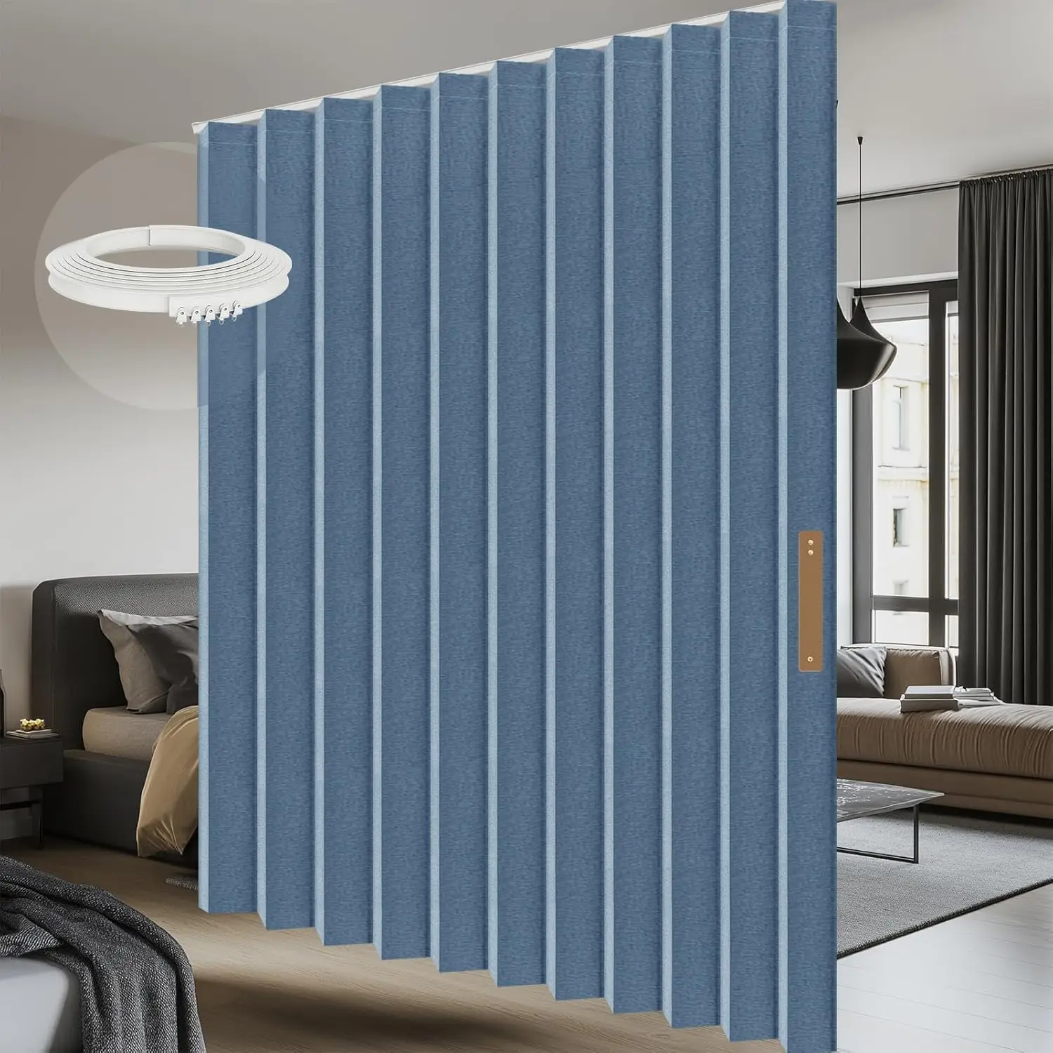 Blackout Privacy Curtain with Ceiling Track, Thermal Insulation for Patio Door, Bedroom, Office - Blue, W180xL96