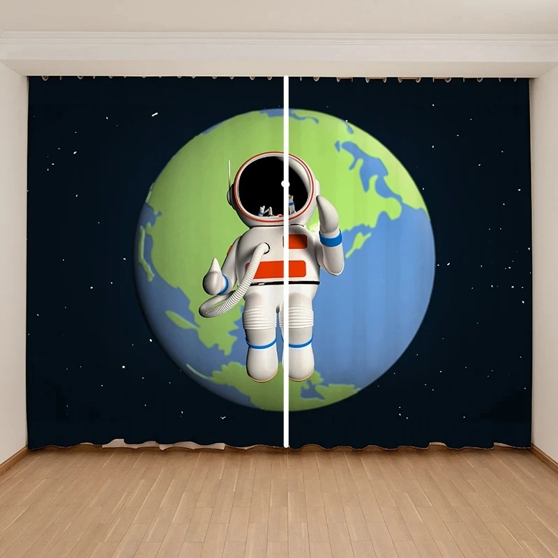 Cartoon Cute Space Astronaut Planet Curtain Children's Boys Girls Bedroom Window 2 Panels High Shading New Fashion Pattern