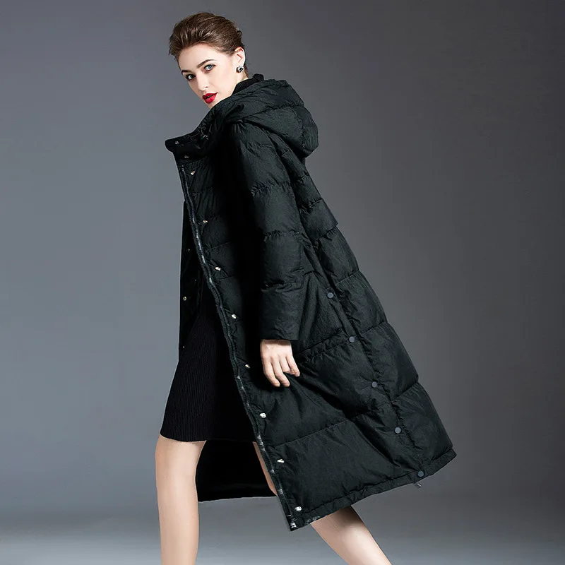 

Dark Green Large Size Hooded Puffer Jacket Women's Luxury Clothing Down Coats Winter Loose Knee-length European and American Top
