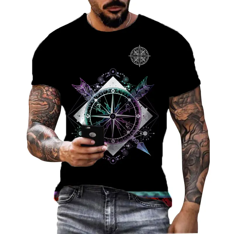 men's black T-shirt  Simple generous nautical compass printing men's short sleeved casual versatile T-shirt O-neck clothing 6XL