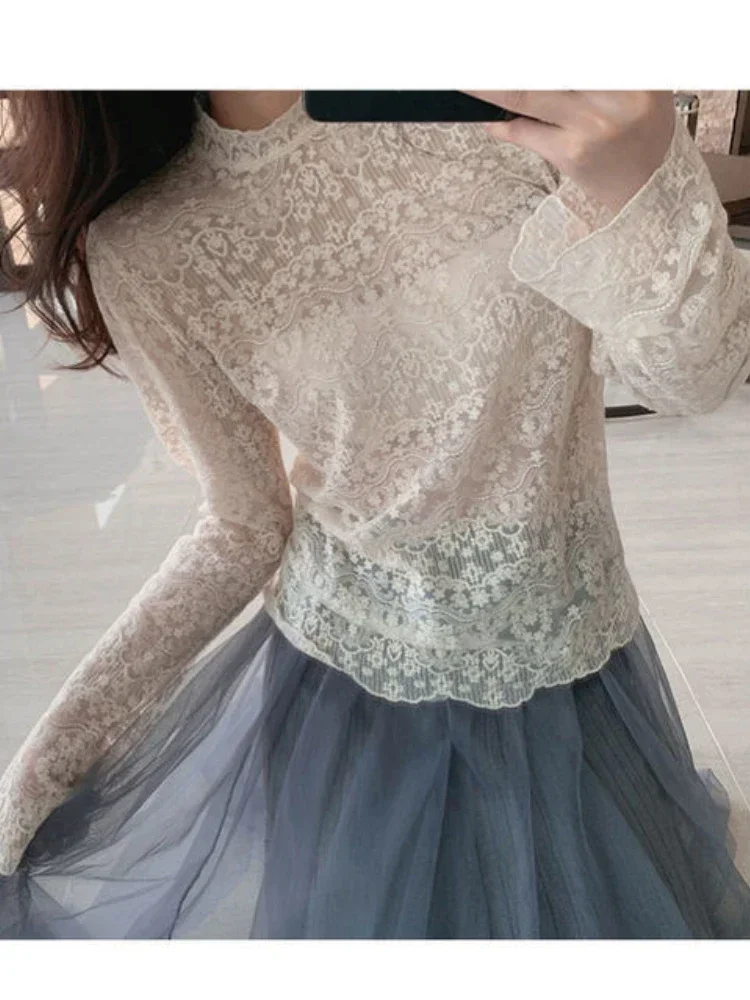 French Elegant Turtleneck Blouse Women Casual Long Sleeve Slim Basic Tops Korean Fashio Lace Shirts Y2k Clothing 2023 Winter