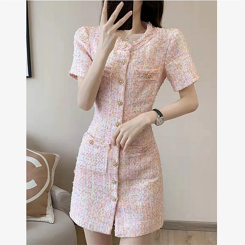 

Pink Slim Tweed Dress Female Summer French High Sense Small Fragrant Celebrities Age-reducing Temperament OL Dresses s169