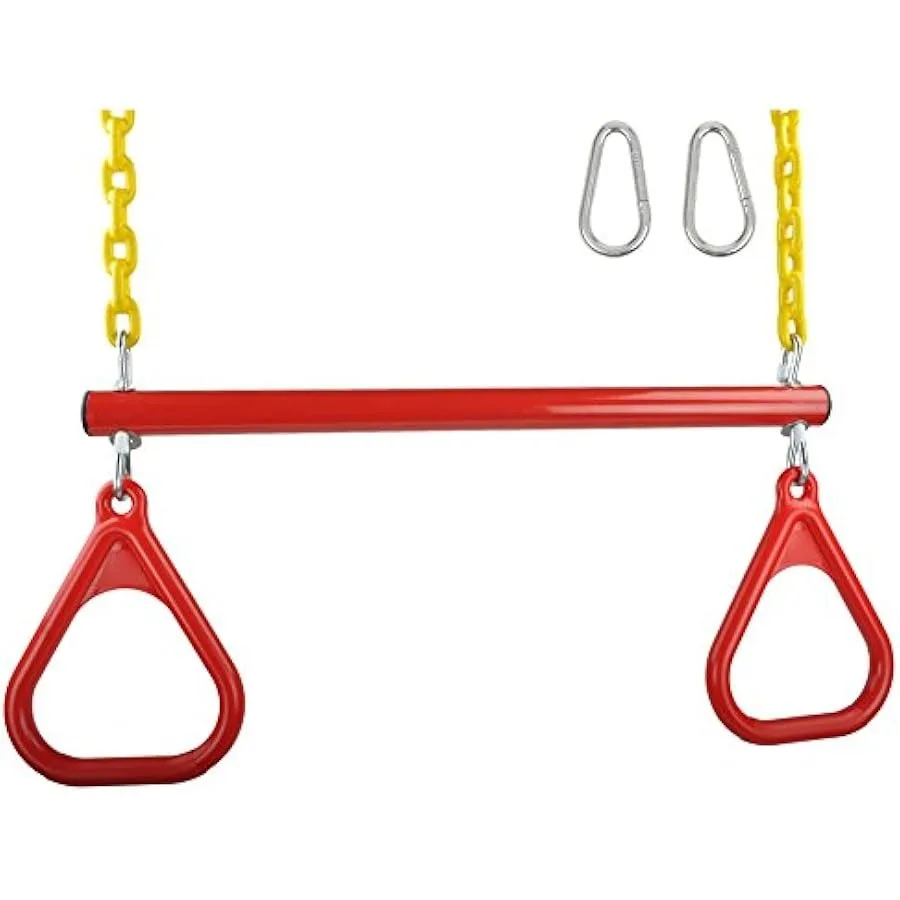 

Swing Set Stuff Inc. Trapeze Bar with Rings and Coated Chain with SSS Logo Sticker Red Yellow
