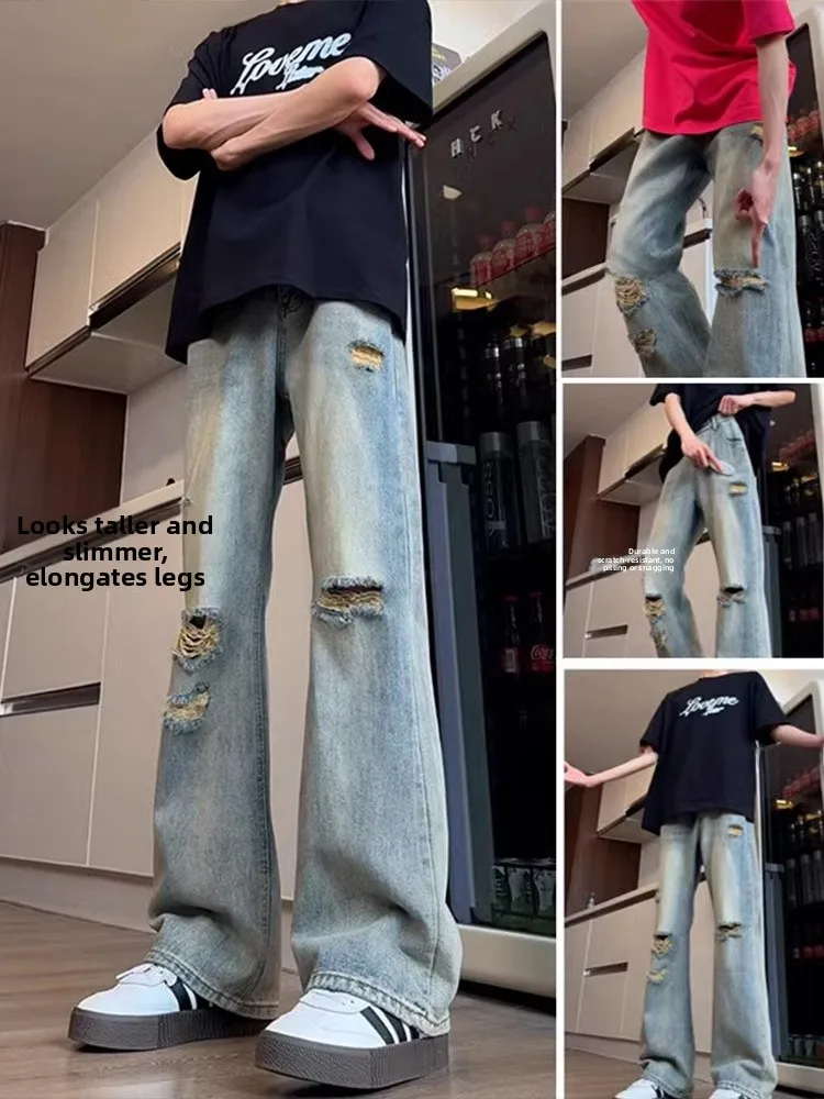 

Мужские джинсы в американском ретро-стиле, зауженные, прямого кроя, с эффектом потертости, модные, для осеннего сезона