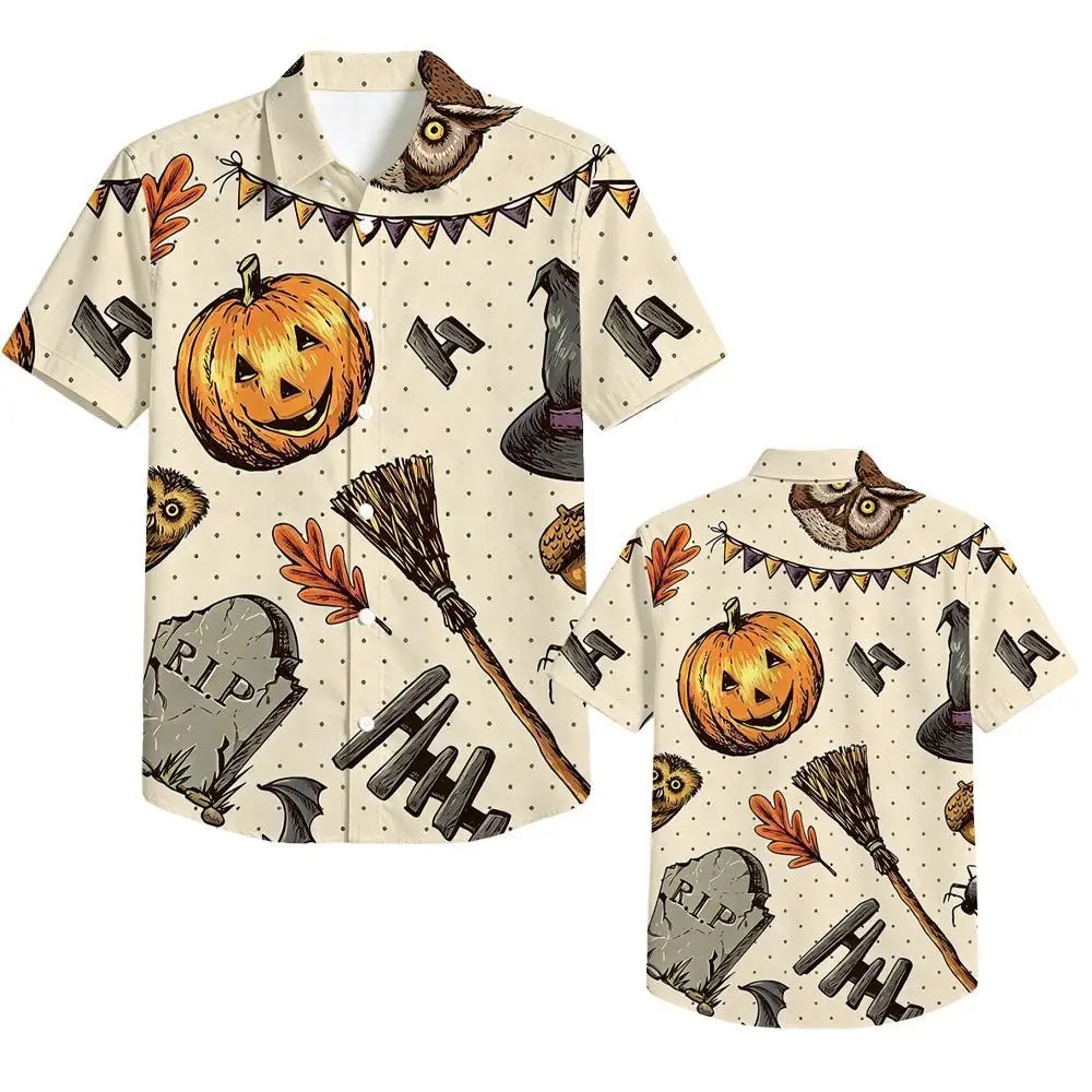 Men Cotton Shirt Halloween Pumpkin Print Short Sleeve Button Down Loose Fit Casual Streetwear Tops Summer Fashion Aloha Shirts