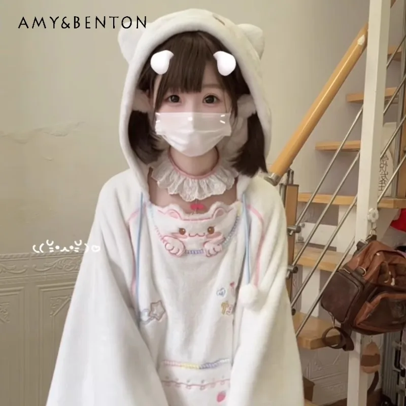 

2025 New Japanese Winter Cartoon Print Soft Shawl Cape Two-dimensional Solid Color Hooded Cape Fluffy Coat For Women