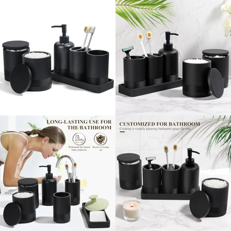 

Bathroom Accessories Set, 6-Piece Bathroom Accessory Set, Toothbrush Holders Set, Soap Dispenser, Vanity Tray, Tumbler, Cotton