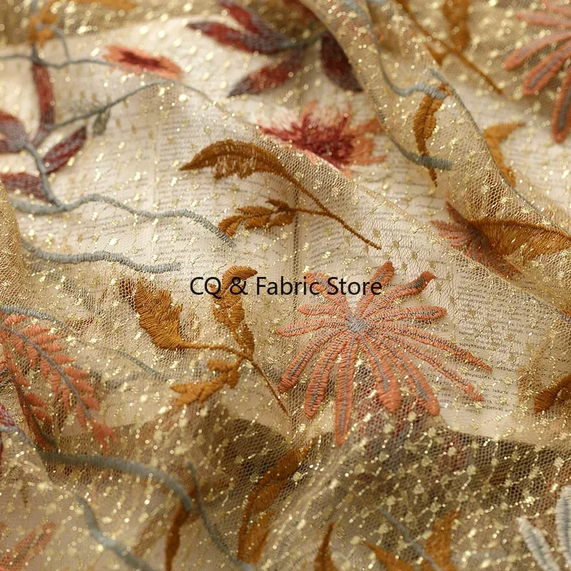 Soft gold thread net yarn embroidery lace fabric tulle fabric diy clothing cheongsam dress skirt designer fabric