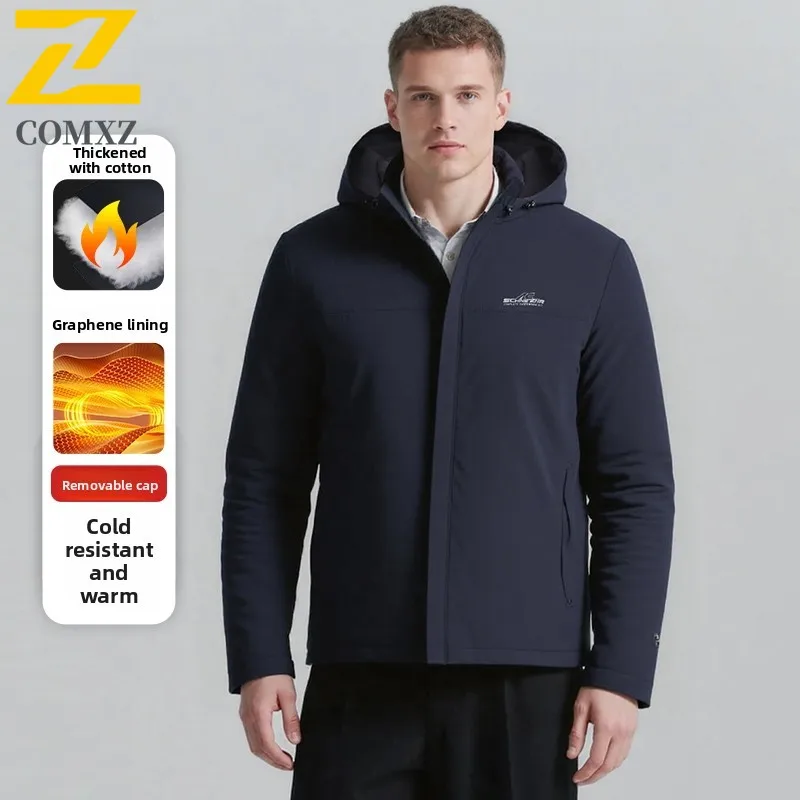 

2025 New Men Cotton Jacket Solid Color Trendy Versatile Windproof Thickened Warm Hooded Pike Coat Outdoor Casual Zipper Men Coat