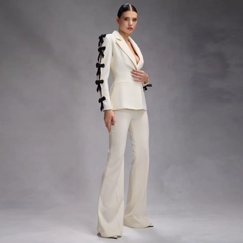 HIGH STREET Newest 2026 Designer Runway Fashion Women's Bow Slim Suit jacket Jacket Long Pants Set 2pcs