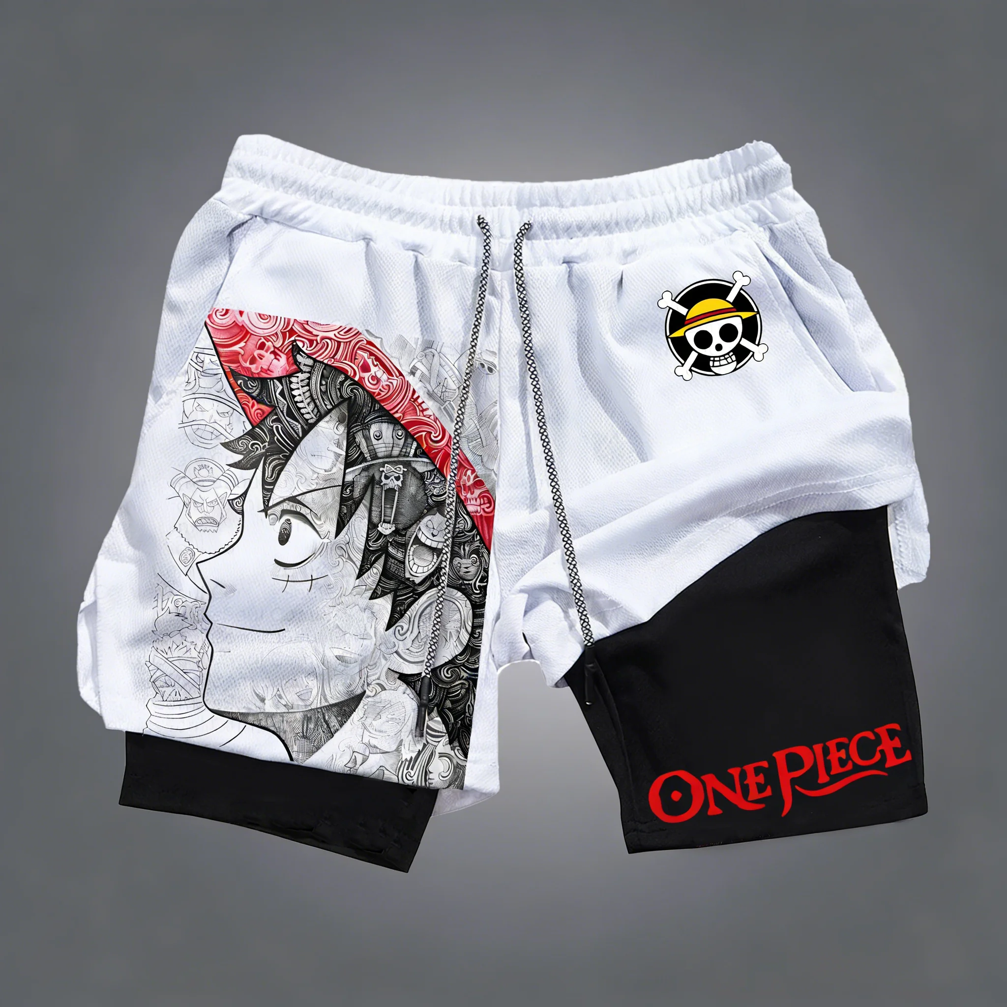 Bandai One Piece Luffy bedruckte doppellagige Shorts, lockere, schweißableitende und atmungsaktive Sportshorts für Herren und Damen im Sommer