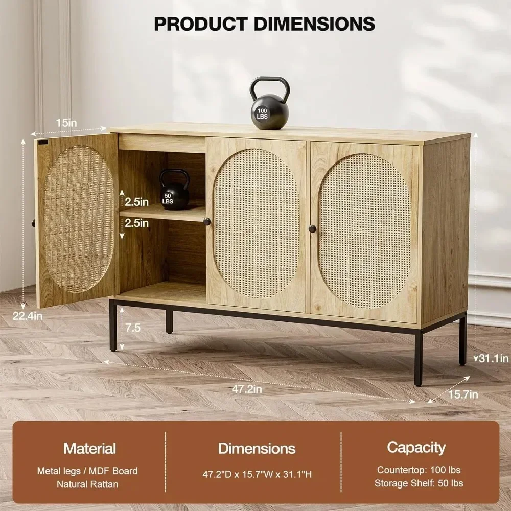 XMSJ Living Room Cabinet, Furniture, Handmade Natural Rattan Doors, Sideboard Buffet Cabinet with Storage, Room Cabinet