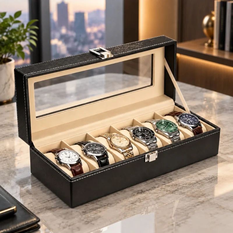Men's PU Leather Watch Storage Box with Glass Lid, Multi-Slot Display Organizer and Stand - Gift-Ready Case