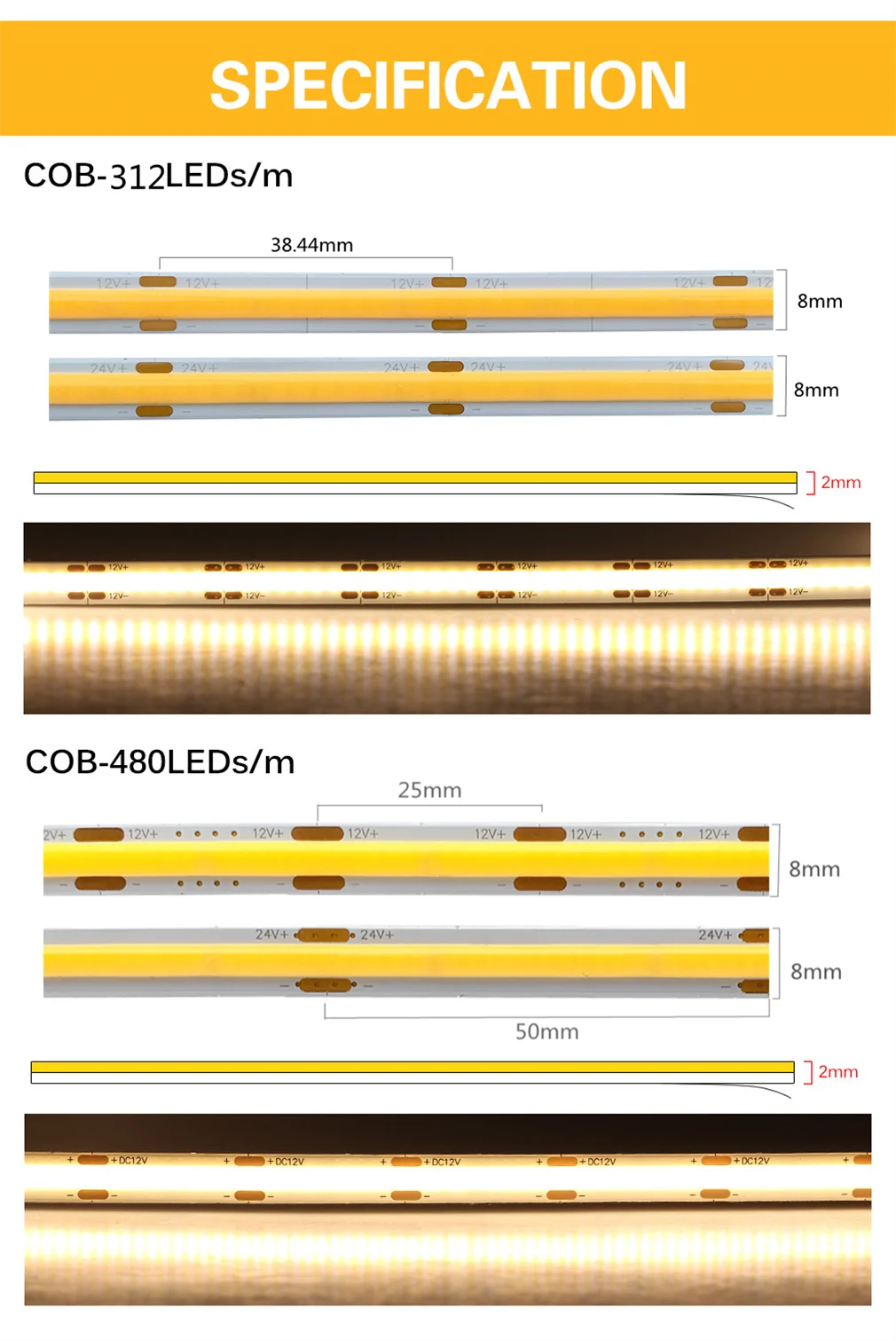 COB LED Strip Light 312 480 LEDs/M High Density Flexible 8mm FOB Tape Lights Ribbon RA90 Warm Nature White Dimmable DC12V 24V