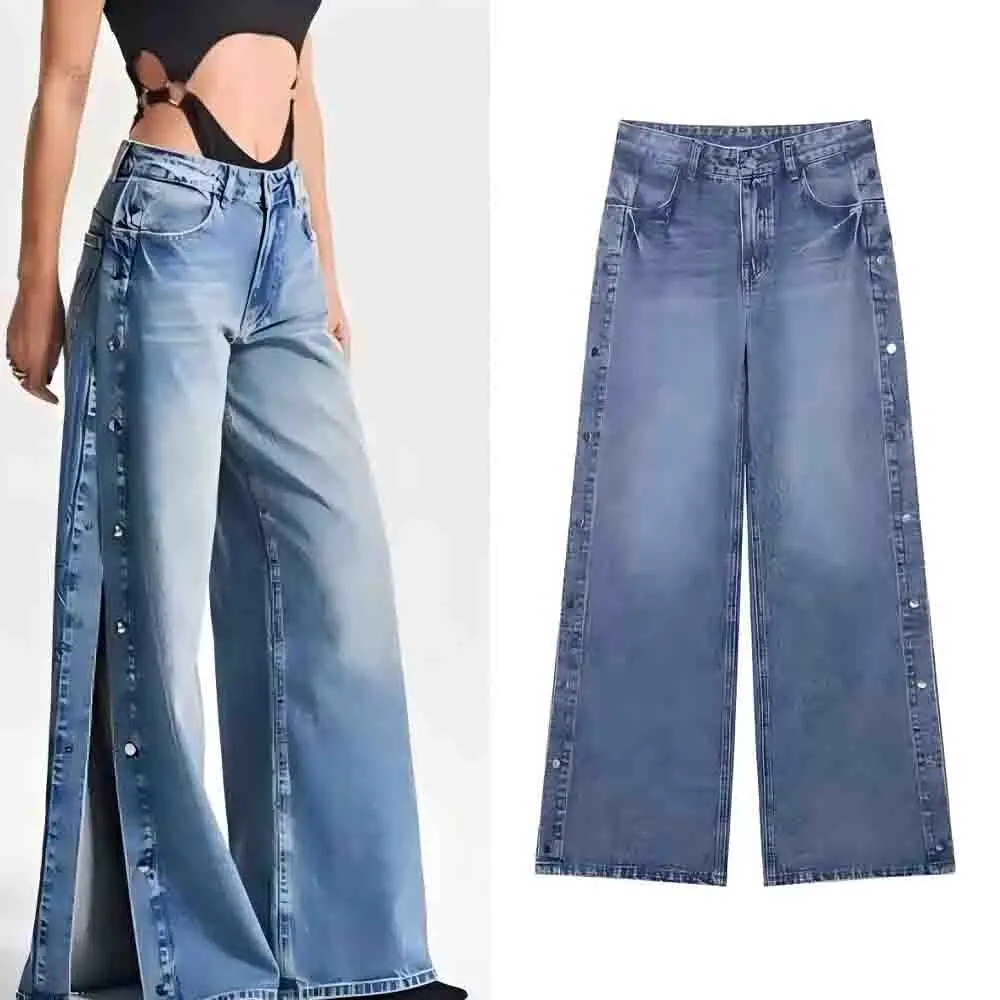 

Women's 2025 new fashion button detail decoration loose high waisted straight leg jeans retro side pocket zipper women's jeans