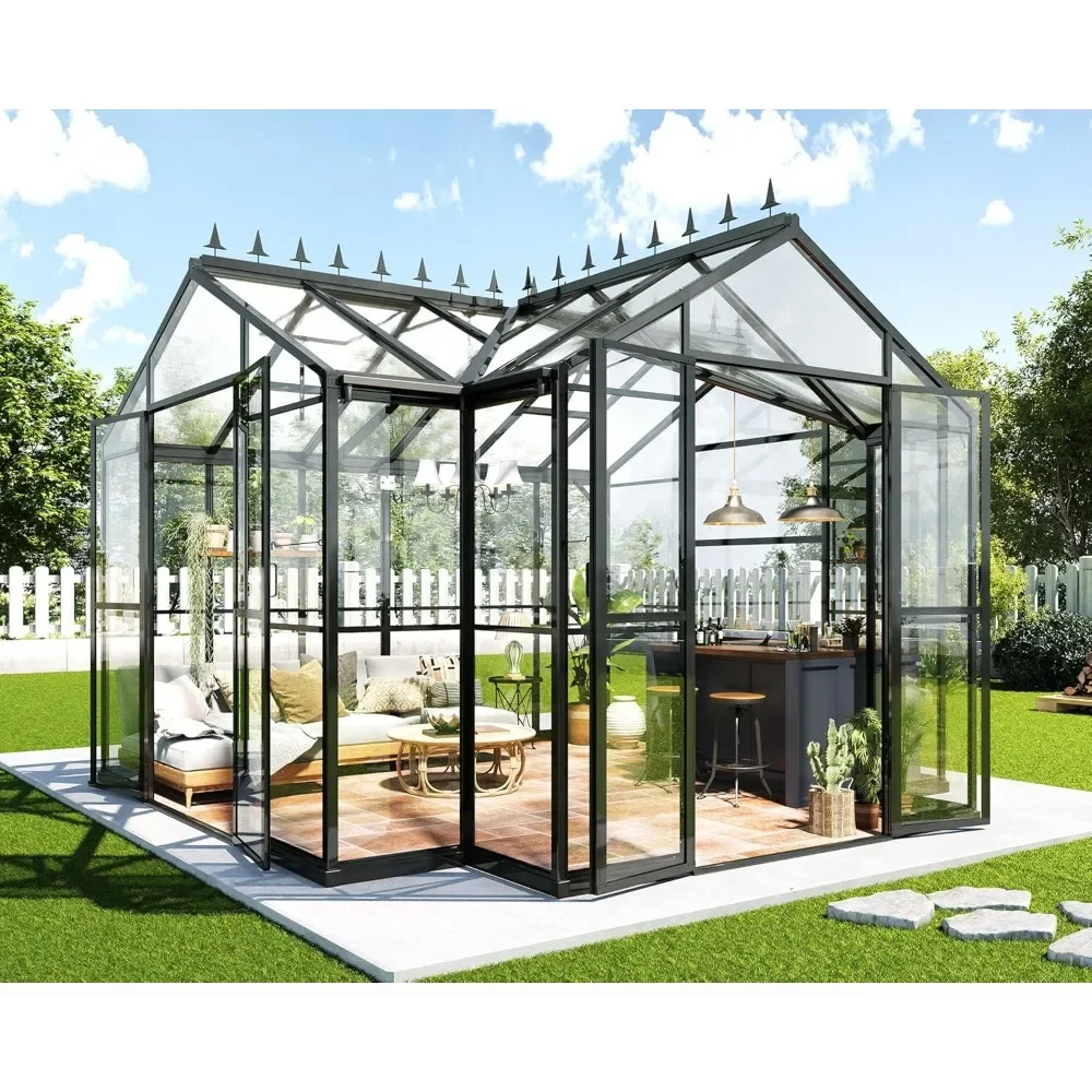 

12x10x8 FT Greenhouse with Quick-Connect Fittings, 2 Vents, 2 Hinged Doors, Outdoor Walk-in Aluminum Greenhouse