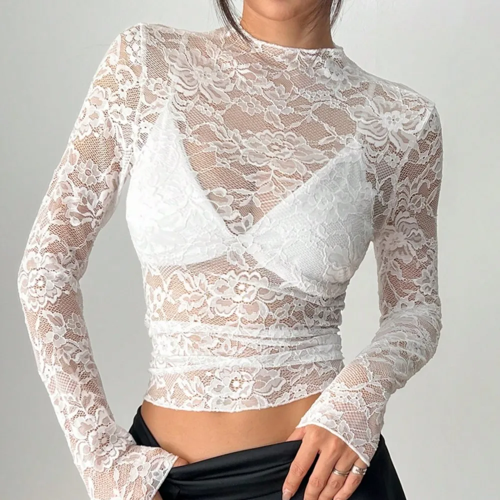 Women Sheer Floral Lace Mock Neck Long Sleeve Top Slim Fit Bodycon Crop Sexy Y2K Blusa Blouse Shirt Autumn Party Club Elegant