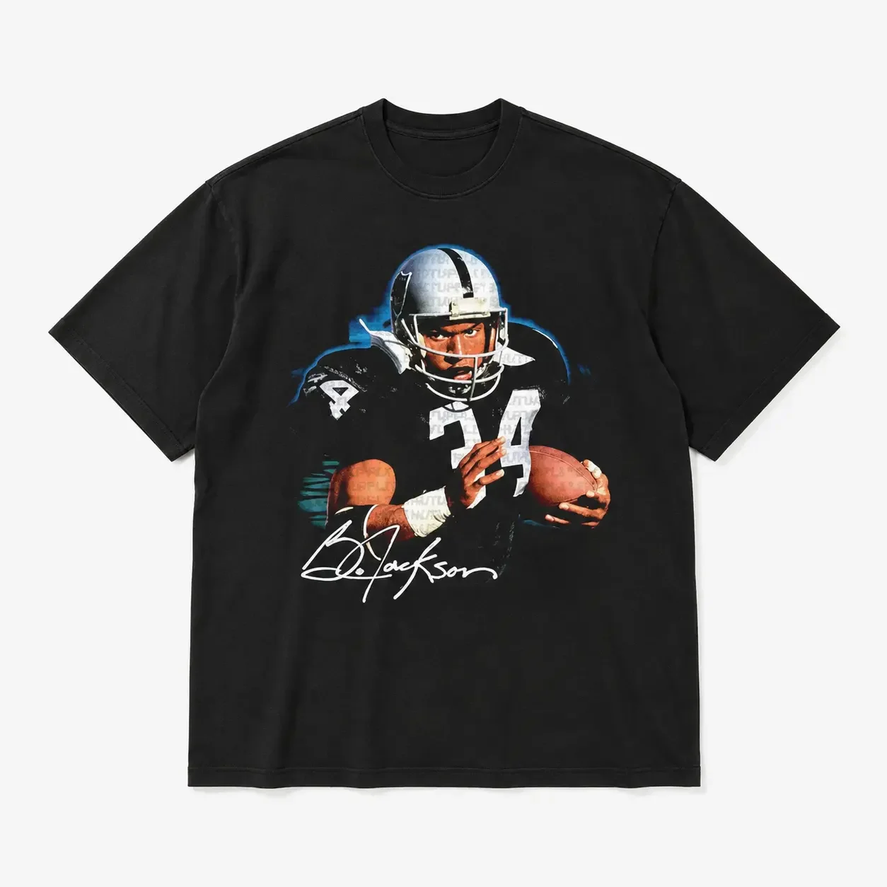 Number 34 Football Player Holding Ball Portrait Signature Printed Tee, Black Vintage Casual Short Sleeve T-Shirt, Gift For Men Women Football Fans