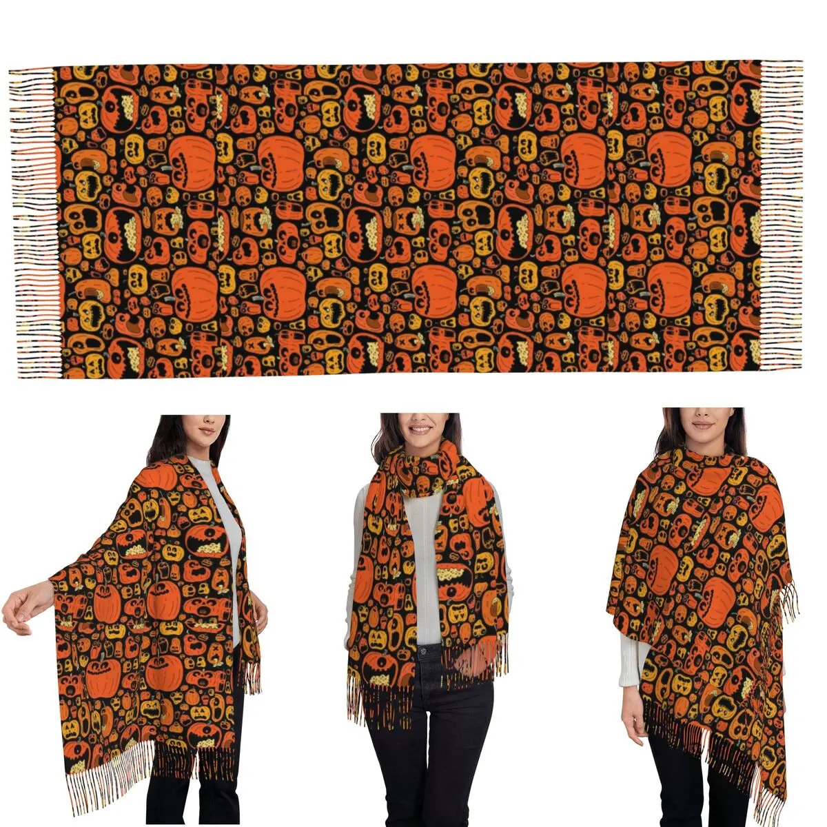 Ghost Pumpkin Halloween Scarf Tassel Scarves Women Soft Warm Shawls and Wraps Large Fall Winter Shawl Wrap