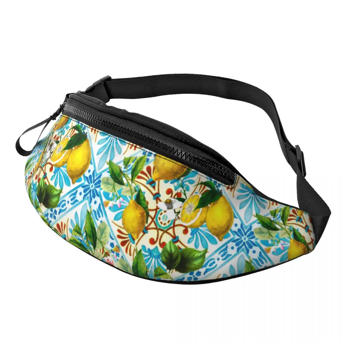 Custom Mediterranean Sicilian Tiles Lemons Citrus Fanny Bag Fashion Crossbody Waist Pack Women Men Camping Phone Money Pouch